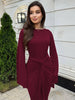 Autumn Elegant O-Neck Long Flare Sleeve Ruched Slim Fit Ribbon Long Dress Women'S Solid Casual Party Club Outfit
