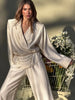 Satin Pants 2 Piece Matching Suit Women Casual Full Sleeve Lapel V-neck High Waist Wide Leg Long Pant Set Lady Office Daily Wear