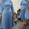 Elegant Office Dress Pleated for Women Professional Round Neck Full Sleeve Belt Waisted Mid Calf Formal Business Work Dress