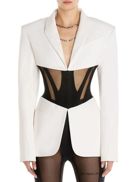 High Street Designer Runway Suit Set Women's Perspective Gauze Patchwork Blazer Pencil Pants