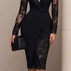 Elegant Lace Sexy Slim Dress for Women's Long Sleeve Satin Notched Collar Hollow Out Office Lady Spring Casual Dress