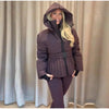 Women Peplum Ski Jackets Hooded Stand Collar Belt Waist Zipper Solid Puffer Jacket Sheath Warm Sport Winter Skiwear