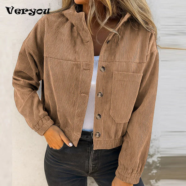 Corduroy Jacket Women Casual Hoodies Coat Female Long Sleeve Button Outerwear Short Jackets For Women Tops