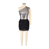 Women One Shoulder Skew Collar Bodysuit + Fur Tassel Bodycon Midi Skirt Dress Set Outfit Two 2Piece Set