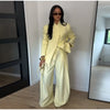 Chic Solid Stand Neck Blazer Jacket Pant Set Women Full Sleeve Shoulder Pads Coat Wide Leg Pants Autumn Commute Outfit