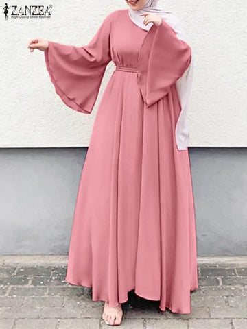 Women Muslim Maxi Dress Solid Color O-Neck Long Sleeve Turkish Abaya Robe Casual Elegant Party Oversized Vestidos