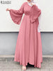 Women Muslim Maxi Dress Solid Color O-Neck Long Sleeve Turkish Abaya Robe Casual Elegant Party Oversized Vestidos