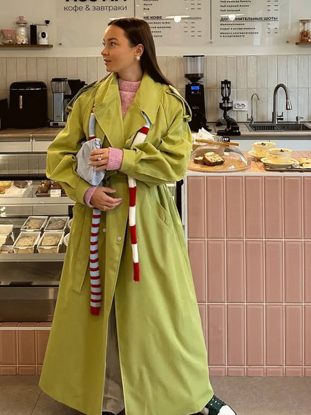 Green Lapel Belt Lace Up Long Trench Coat Women Lantern Sleeve Waist Cinching Jacket Autumn Lady Street Daily Outerwear