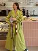Green Lapel Belt Lace Up Long Trench Coat Women Lantern Sleeve Waist Cinching Jacket Autumn Lady Street Daily Outerwear