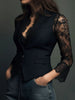 Elegant Sexy V Neck Lace Patchwork Women's Shirt Top See Through Long Sleeve Hollow out Single Button Slim Tops Blazer