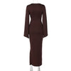 Autumn Elegant O-Neck Long Flare Sleeve Ruched Slim Fit Ribbon Long Dress Women'S Solid Casual Party Club Outfit