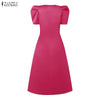Women's Elegant Satin Silk Party Dress Puff Sleeve V-Neck Bow A-Line Midi Dresses Wedding Guest Cocktail Robes Femme