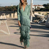 French Elegant Deep V Neck Slim Prom Dresses Spring Solid Spliced Tassel Long Dress Woman Long Sleeve Autumn Maxi Dress