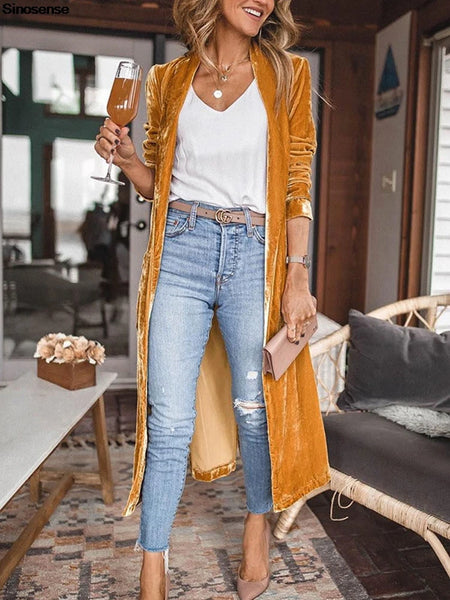 Women Solid Long Sleeve Velvet Jacket Lapel Collar Open Front Long Cardigan Coat With Pockets Fall Outerwear Maxi Duster