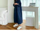 Korean Style Women's Dark Blue Solid Color Spliced Long Sleeve Turn-down Collar Loose Ankle Length Jean Dress