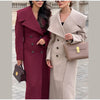 Women Oversized Lapel Woolen Long Coat Double Breasted Slim Waist Maxi Overcoat Elegant Autumn Winter Street Daily Outerwear