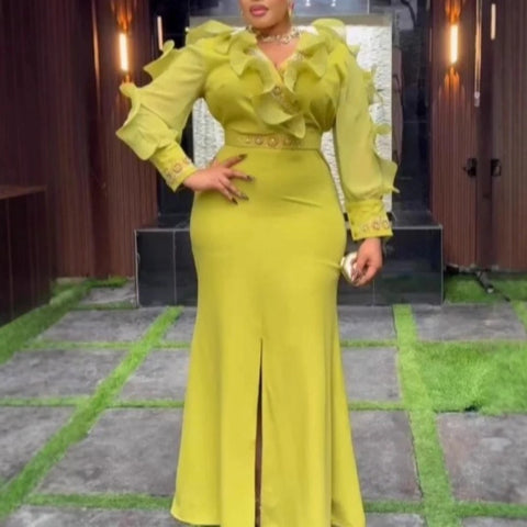 Luxuty Women Party Peplum Maxi Dress V Neck Long Sleeve Slit Package Hip Bodycon Elegant Wedding Evening Party African Female