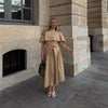 Women's Trench Style Midi Dress Stand Collar Cape Overlay Short Sleeve Belted Waist A‑Line Dresses Autumn Elegant Office Outfits