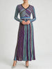 Hit Color Striped Spliced Bright Silk Dresses for Women V Neck Long Sleeve High Waist Knit Dress Female