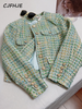 Elegant Green Plaid Tweed Jacket Women French Vintage Spring Autumn Casual Blazers High Street Short Suit Coat