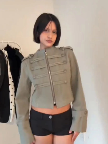 Retro Stand Collar Crop Jacket Chic Epaulet Shoulder Strap Double Breasted Button Slim Fit Coat Lady Casual Army Style Outerwear