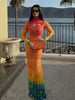 Sexy See Through Dress Women Hollow Hipster Colorful Print Stretch Skinny Midnight Party Clubwear Fishtail Bodycon