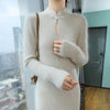 Women' 100%Pure Mink Cashmere Dress Stand-Up Collar Buckle Slim Knit Long Skirt High Waist Over The Knee Bottoming Dress