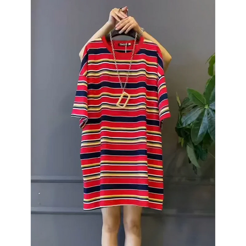 Retro Spring and Autumn Women's Spliced Pullover Round Neck Striped Mid-Length Loose Dress