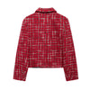 Women Vintage Red Plaid Tweed Coat Slim Turn Down Collar Long Sleeve Jacket Autumn Lady High Street Outwear
