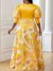 Plus Size Women Printed Satin Maxi Dress Fold Over Neck Puff Three Quarter Sleeve A Line Formal Wedding Guest Evening Dress