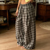 Women Vintage Aesthetic Casual Plaid Print Barrel Pants Drawstring Elastic Waist Loose Straight Pants with Pockets Streetwear