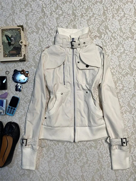 White Stand Collar Moto&Biker Coat Women American Vintage Long Sleeve Zipper Tops Mujer Spring Autumn Jackets