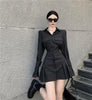 Houzhou Black Shirt Dress Women Elegant Vintage Long Sleeve Dresses Sexy Gothic Pleated Streetwear Turn-down Collar Casual Robe