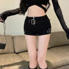 Low-Waisted Black Slim Fit Denim Shorts Women Sexy Girls Rivet Belt Design Unique Y2K Shorts Nightclub Bodycon Pants