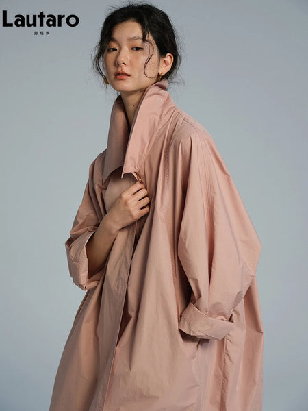 Spring Autumn Long Oversized Thin Pink Trench Coat for Women Single Breasted Elegant Chic Designer Clothing