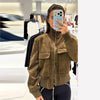 Vintage Faux Suede Jackets Women's Slim Full Sleeves Zipper Stand Collar Cropped Coats Ladies Autumn Solid Streetwear