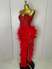 Stock Women Sexy Sparkly Rhinestone Mesh Feather Long Dress Elegant Evening Party Celebrate Birthday Performance Costume