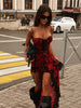 Camisoles Mesh Patchwork Prints Sheer Irregular Hemline Chic Sheath Women Dresses Sexy Club Streetwear Female