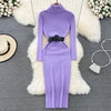 Elegant Turtleneck Long Sleeve Knit Soft Tight Pencil Dress with Belt Slim Warm Sweater Vestido Sexy Women Winter Robe