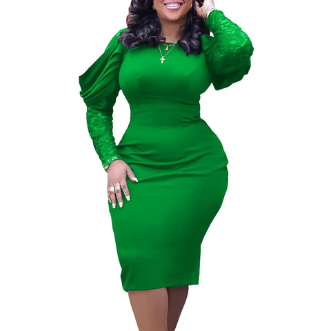 African Dresses for Women Autumn Elegant African Long Sleeve Lace Patchwork O-neck Bodycon Dress Dashiki African Clothing