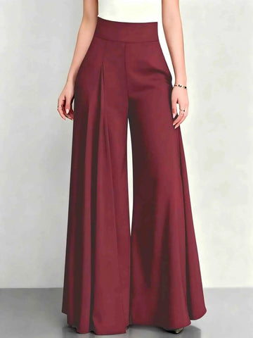 Elegant Women High Rise Pleated Palazzo Pants Solid Multi Color Loose Fit Flare Long Trousers Business Office Work Wear Wide Leg