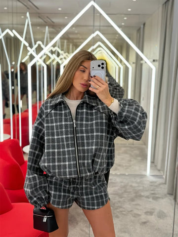 Chic Plaid Shorts Set Women Lapel Long-sleeved Zipper Jacket Short Pants Sets Lady Spring Daily Street Outfits