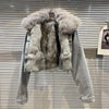 Real Fur Denim Jacket Women Autumn Fried Street Style Natural Fox Fur Collar + Rabbit Fur Liner Warm Rivet Short Jean Coat