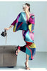 Pleated Batwing Sleeves Dress For Women's Autumn High End And Relaxed Print V-neck Holiday Dresses 17G1980