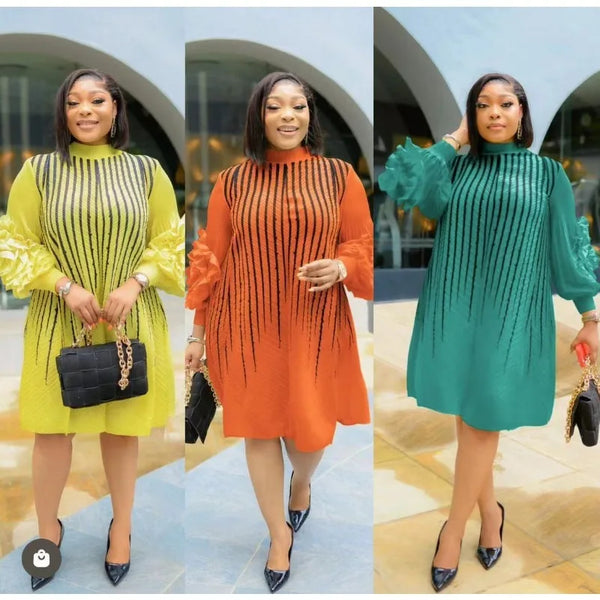 Plus Size Women Pleated Dress Hand Shaken Flower Beaded Temperament Elegant African Prom Big Stretch Clothing