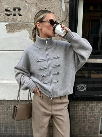 Casual Women's Cardigan Sweater Turtleneck Zipper Full Sleeve Button Slim Autumn Female Knit Basic Coats