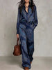 Women's Bohemian Paisley Print Two-Piece Set Lapel Neck Long Sleeve Blouse Top Wide Leg Pants Casual Loose Suit for Vacation