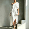Women One Cold Shoulder Midi Dresses Loose Solid Draped Knot Waist Irregular Hem Dress Elegant Guest Holiday Formal Dress