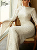 Elegant Apricot Sequin Muslim Party Dress Women Split Sleeve High Neck Bodycon Dubai Evening Dresses Prom Gown