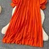 Spring Vintage Loose Dresses Women Lantern Sleeve Turn-down Collar Solid Single Breasted Casual Folds Long Dress